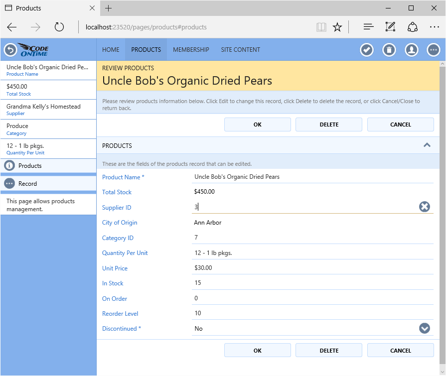 Products edit form does not have lookups configured for Category and Supplier.