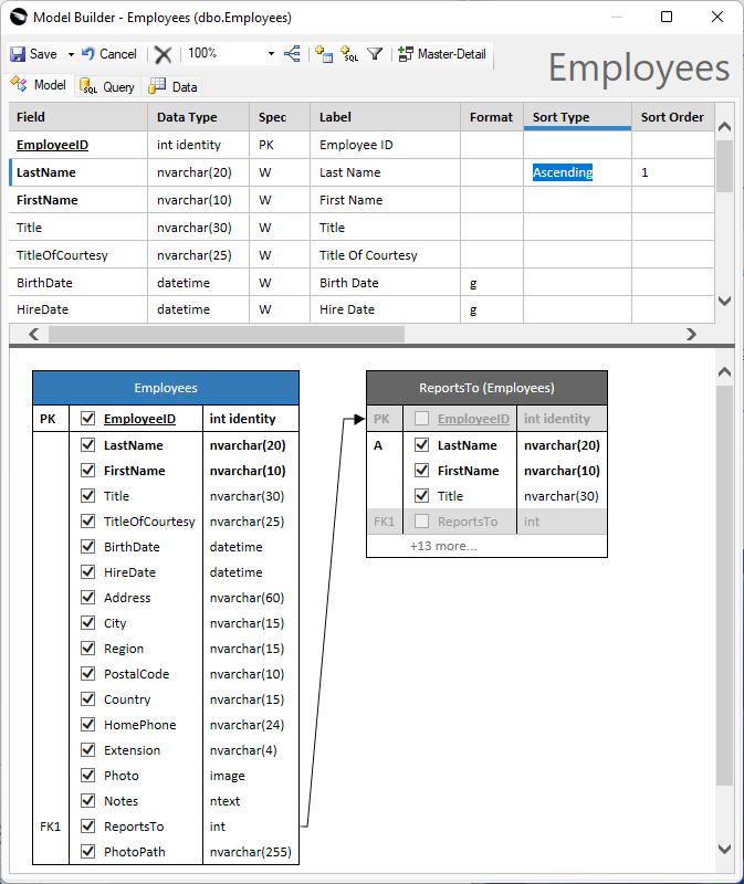 The data model created by the app builder includes the base table and up to three levels of parent lookup tables. The base table is designated with the blue header. Additional columns can be borrowed from the lookup tables as read-only fields.