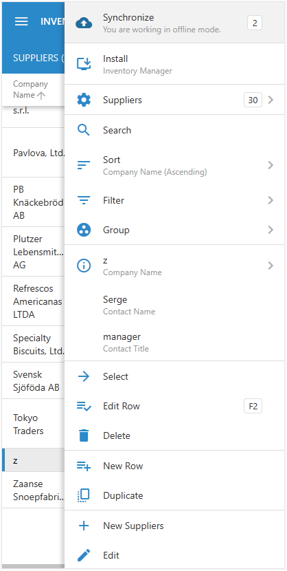 The context menu provides the synchronization command on the online and offline pages if there are no forms opened by the user. Users must save their work in the forms before the synchronization becomes possible.