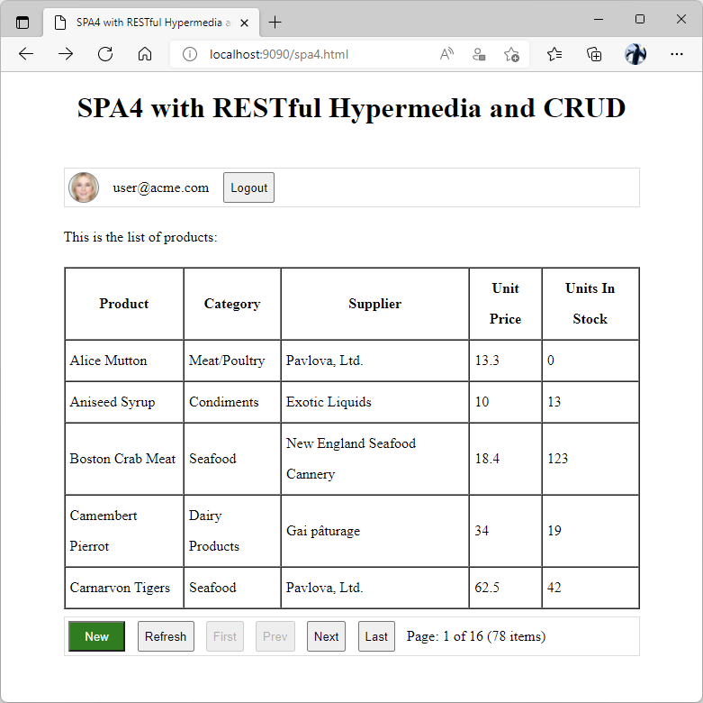 Single page app SPA4 with RESTful Hypermedia and CRUD has the "New" button in the toolbar. The "New Product" form is displayed when the button is pressed. A click on any row in the product grid will open the "Edit Product" form allowing users to change or delete the product.