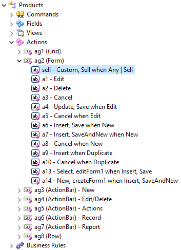 Action "sell" has the non-standard ID, which makes it available in the RESTful API hypermedia. It triggers the "Custom" command with the "Sell" argument. Actions placed in the group with the "Form" scope are rendered as buttons.