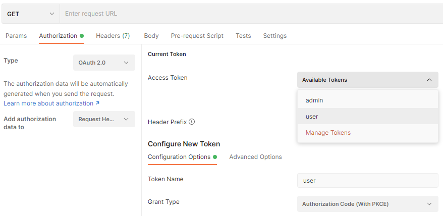 Postman makes it easy to select an available access token to authorize a request.