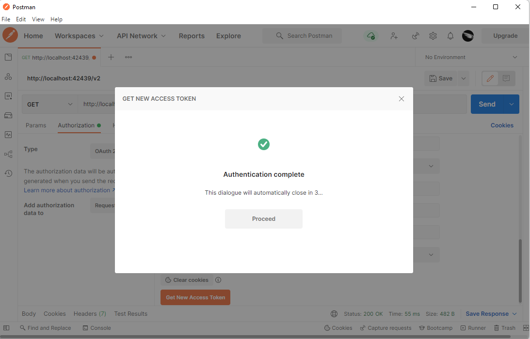 Postman will display the message Authentication Complete if it was able to extract the authorization code from the redirect URL constructed by the backend application after approval by the user.