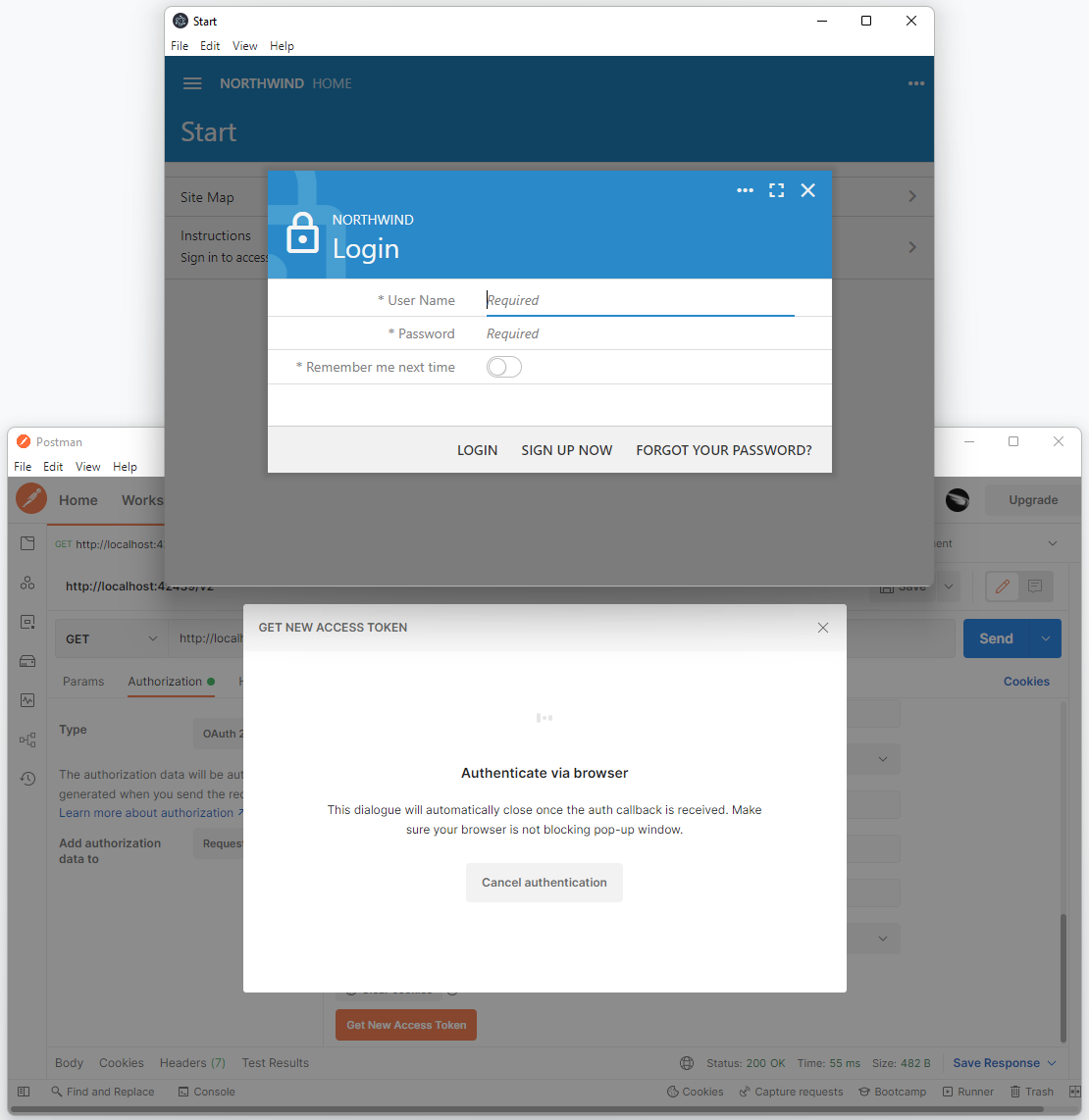 Postman opens a hosted web view to capture the authorization code in the OAuth 2.0 Authorization Code flow.