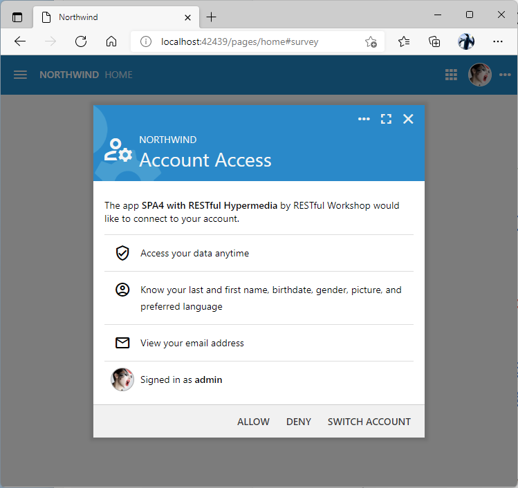 Account Access consent form presented to the user during the OAuth 2.0 Authorization Code flow with PKCE in the application created with Code On Time.