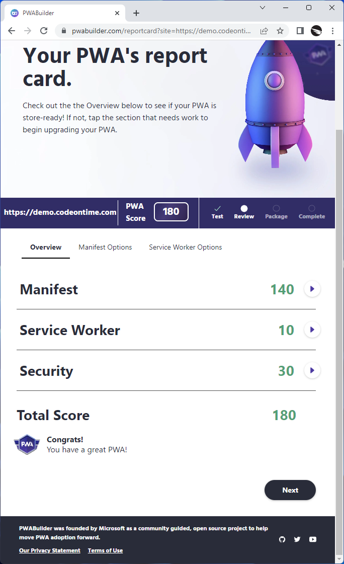 The report card shows various metrics and their weight in the score. If the score is high enough, then the app store package can be generated by the PWA Builder.