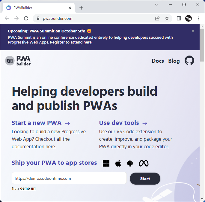 PWABuilder.com is the Microsoft-backed open source project that will convert your Progressive Web App into a store-ready package. Apps created with Code On Time are ready for the app store publishing.